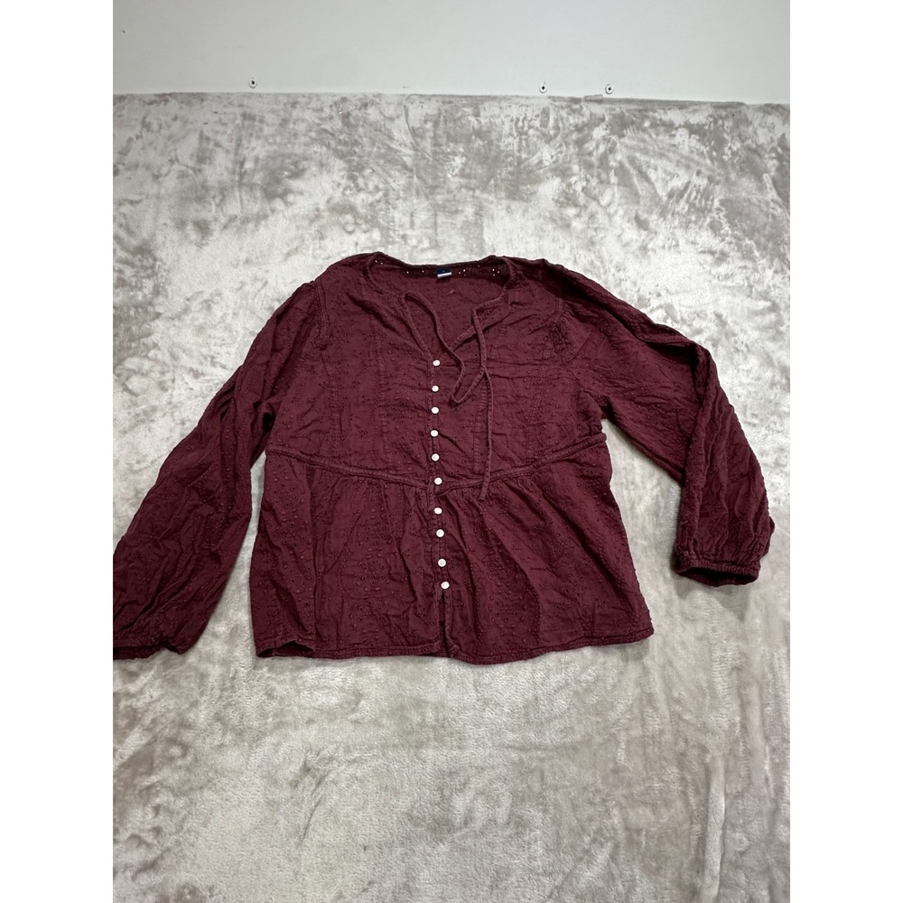 Old Navy Blouse Top Women's Size XL Cranberry Long Sleeve Drawstring Buttons
